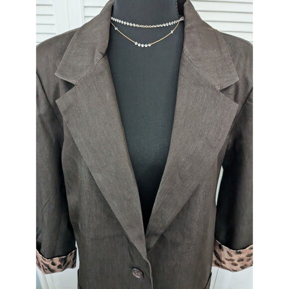 Susan Graver Denim Boyfriend Jacket Women's XL Brown Blazer Leopard Print Lining - Picture 2 of 14